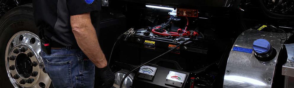 Auto technician working on a commercial vehicle charging system