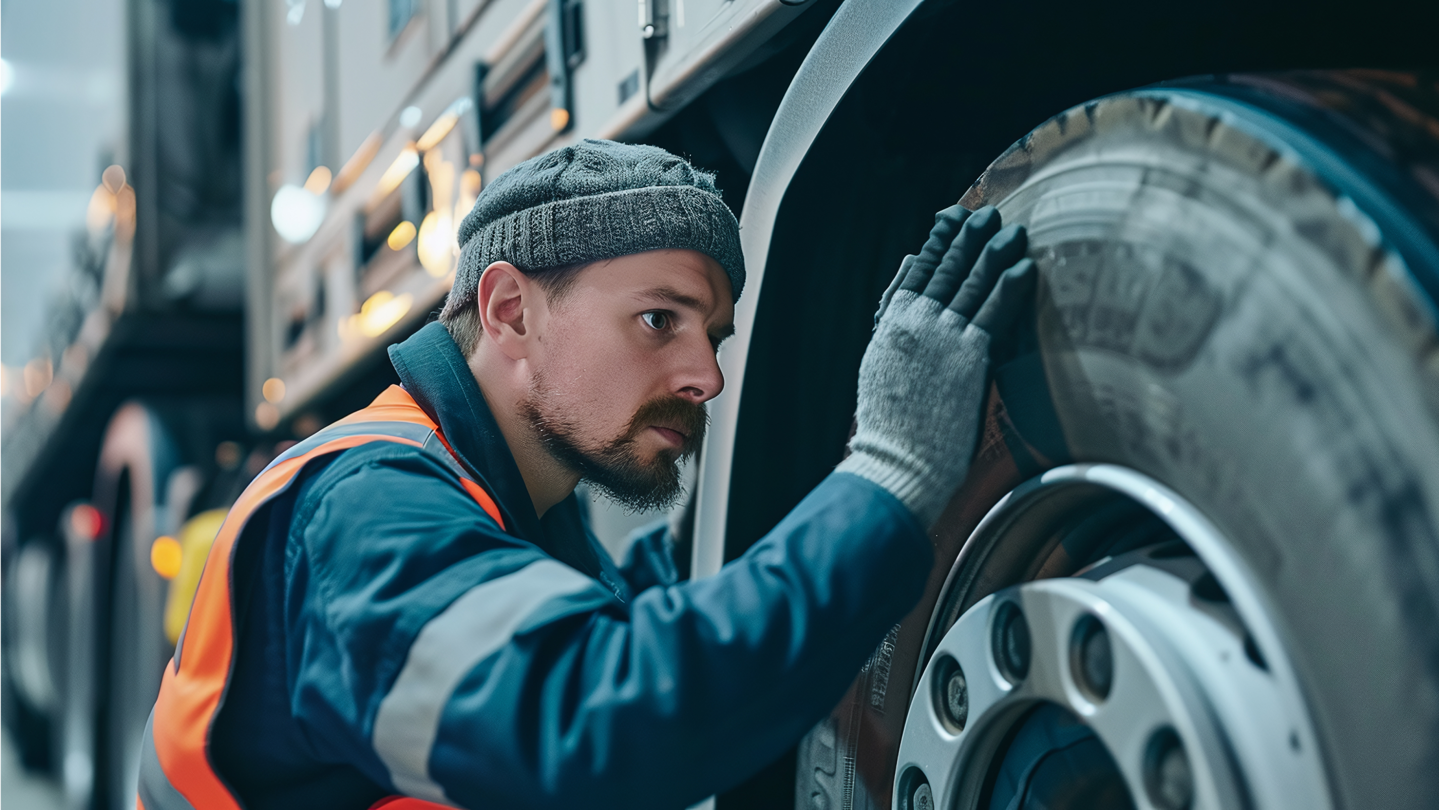 worker checking tire